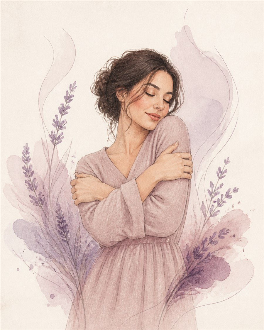 Ilustración en tonos lilas de una mujer abrazándose