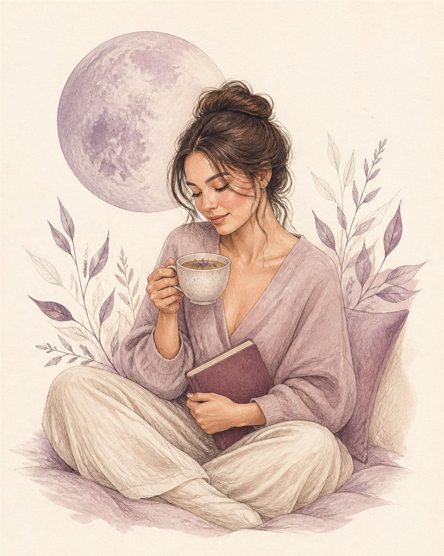 Ilustración en tonos lilas de una mujer disfrutando un momento tranquilo