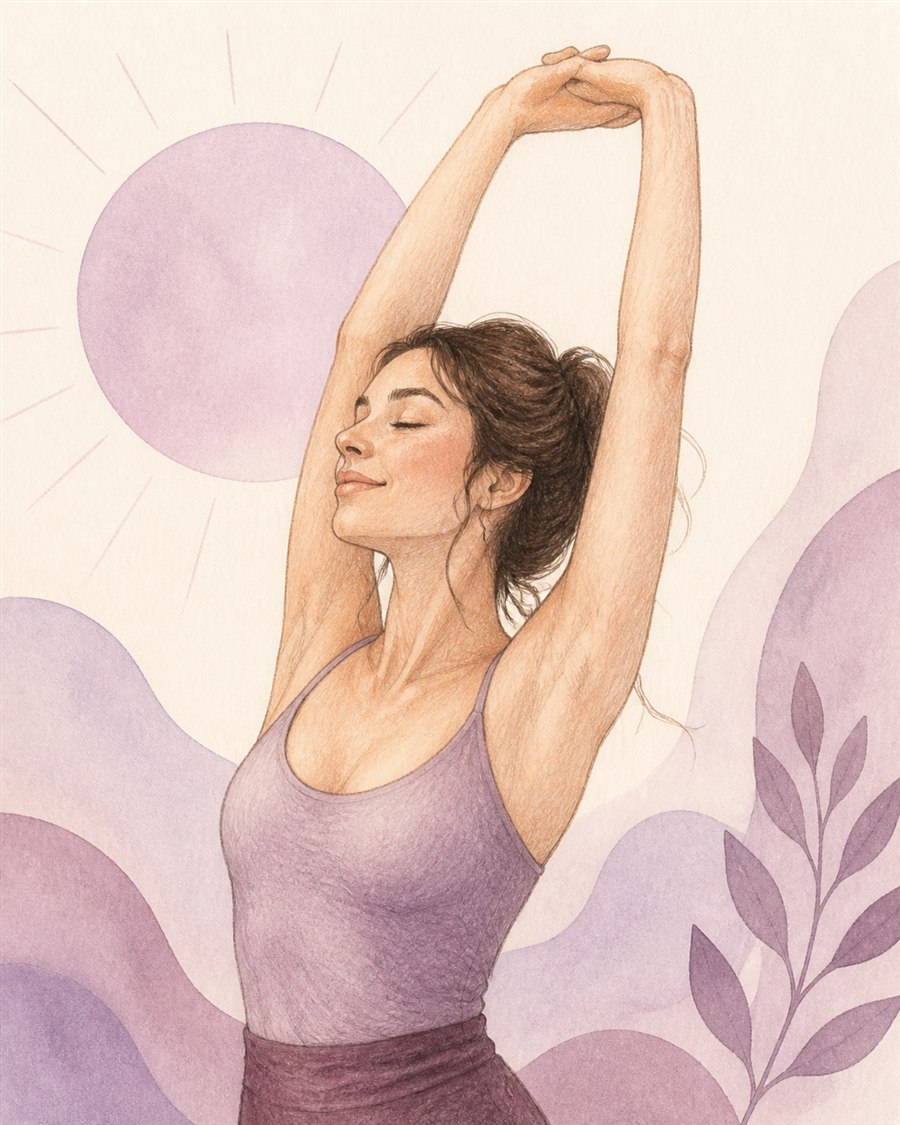 Ilustración en tonos lilas de una mujer estirando su cuerpo