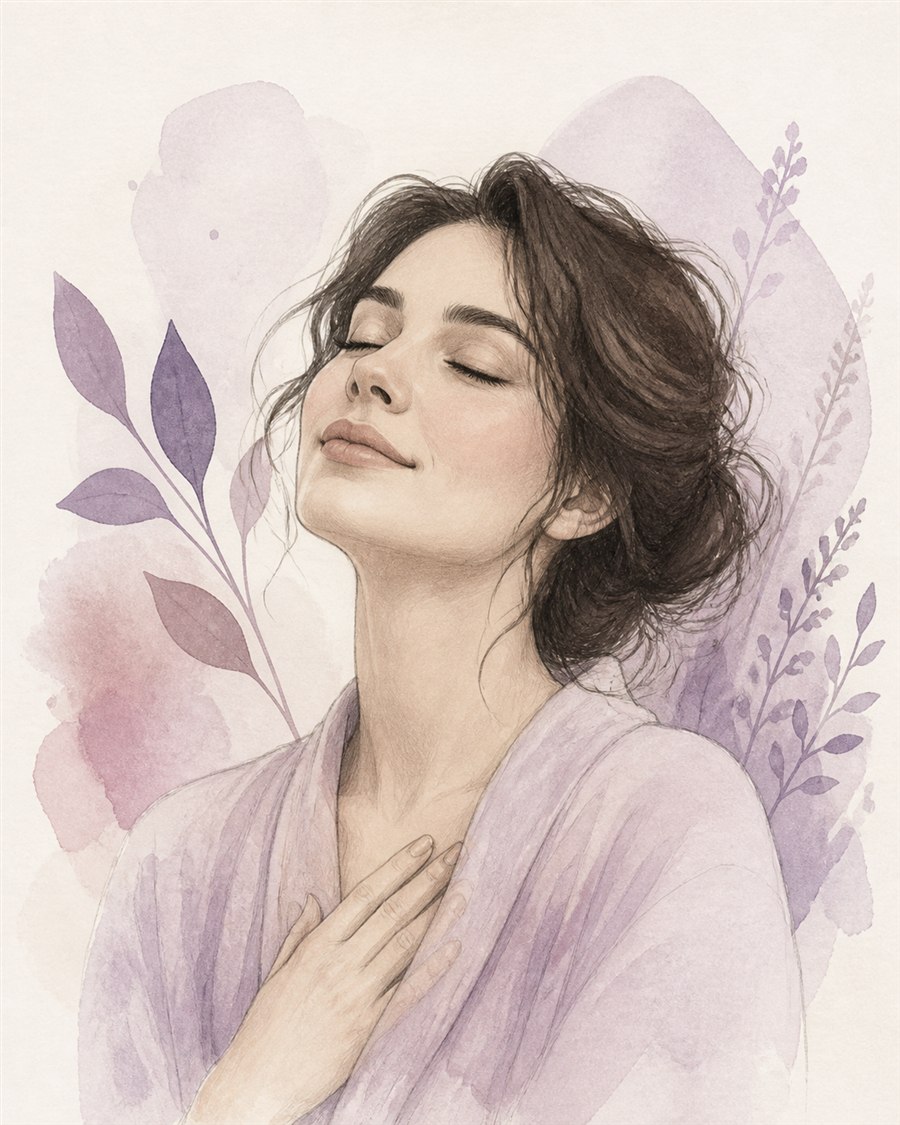Ilustración en tonos lilas de una mujer respirando con calma